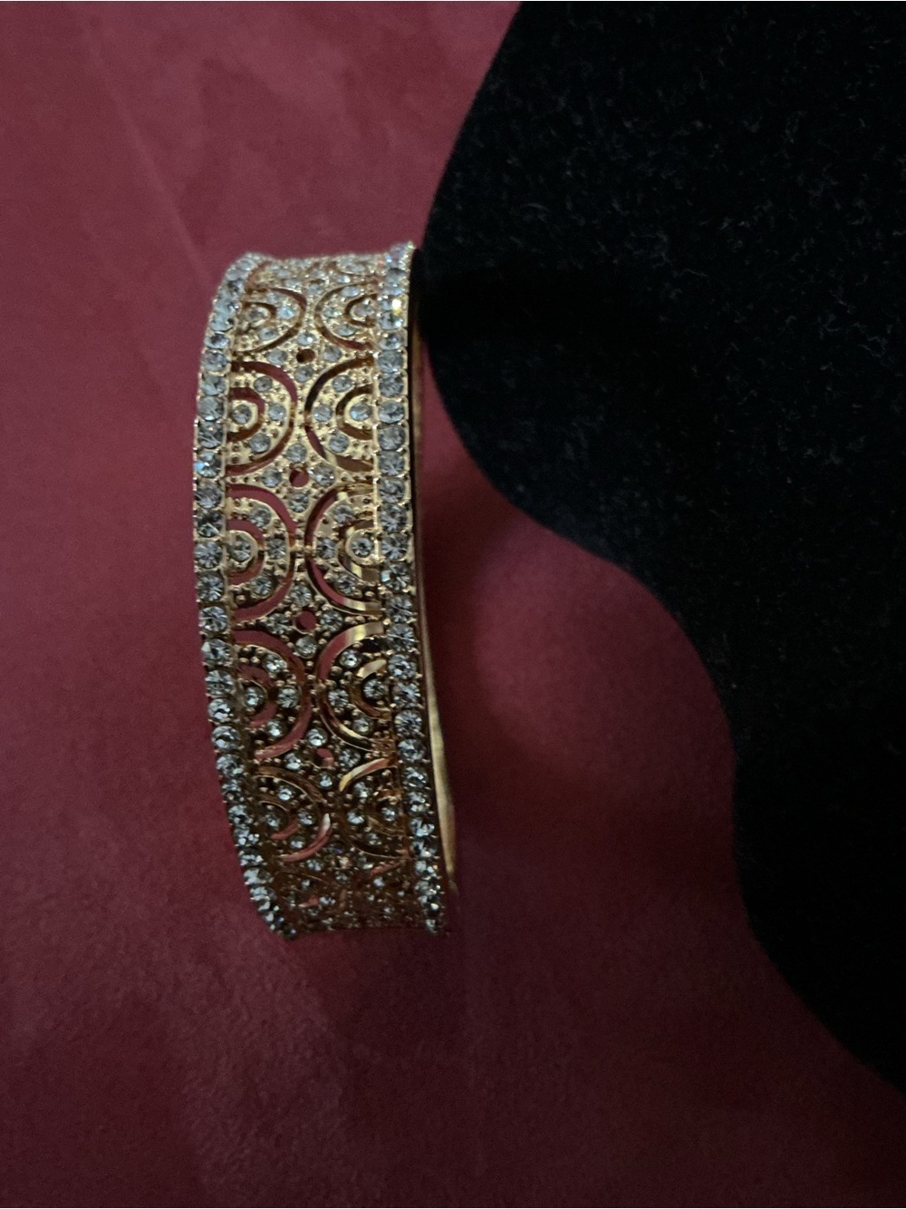Gold Tone Pave Crystal Hinged Bangle Bracelet